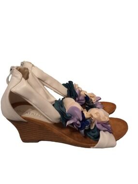 Patrizia By Spring Step White Begonia  Navy Lavender Floral Wedge Sandals 7.5 8